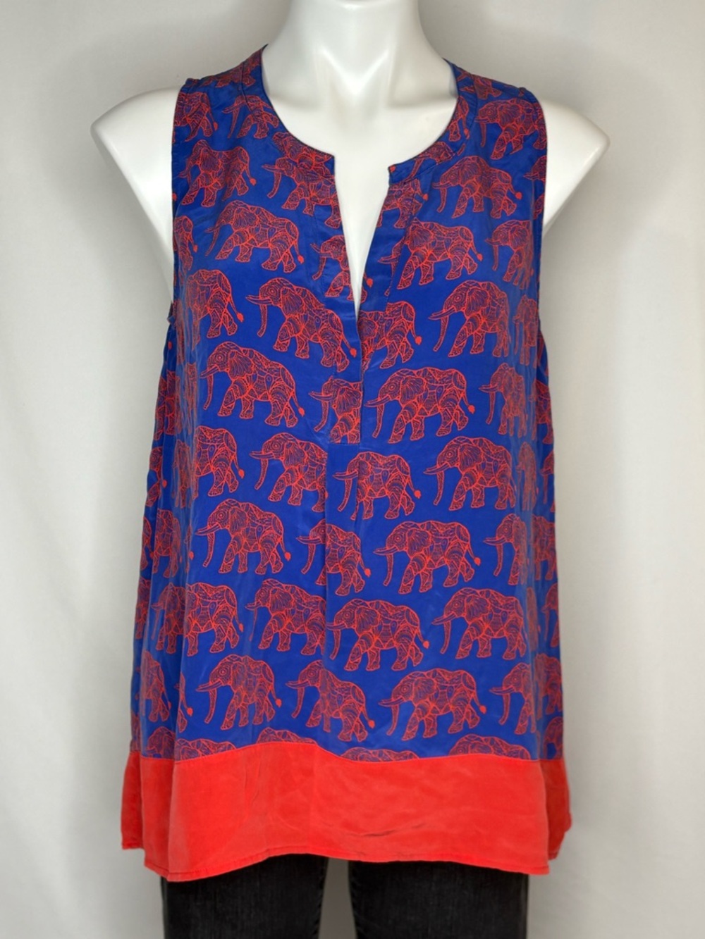 Hatley 100% Silk Elephant Print Sleeveless Blouse Blue Red Hi-Low Hem Size, XL